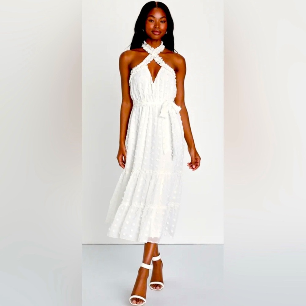 NWT Lulu's White Clip Dot Tiered Halter Midi Dress